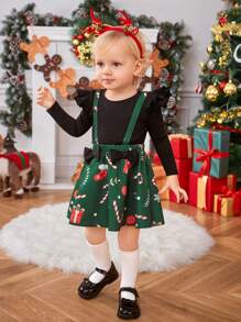 SHEIN Baby Girl Christmas Print Ruffle Trim Bow Front 2 In 1 Dress - Green - View 1