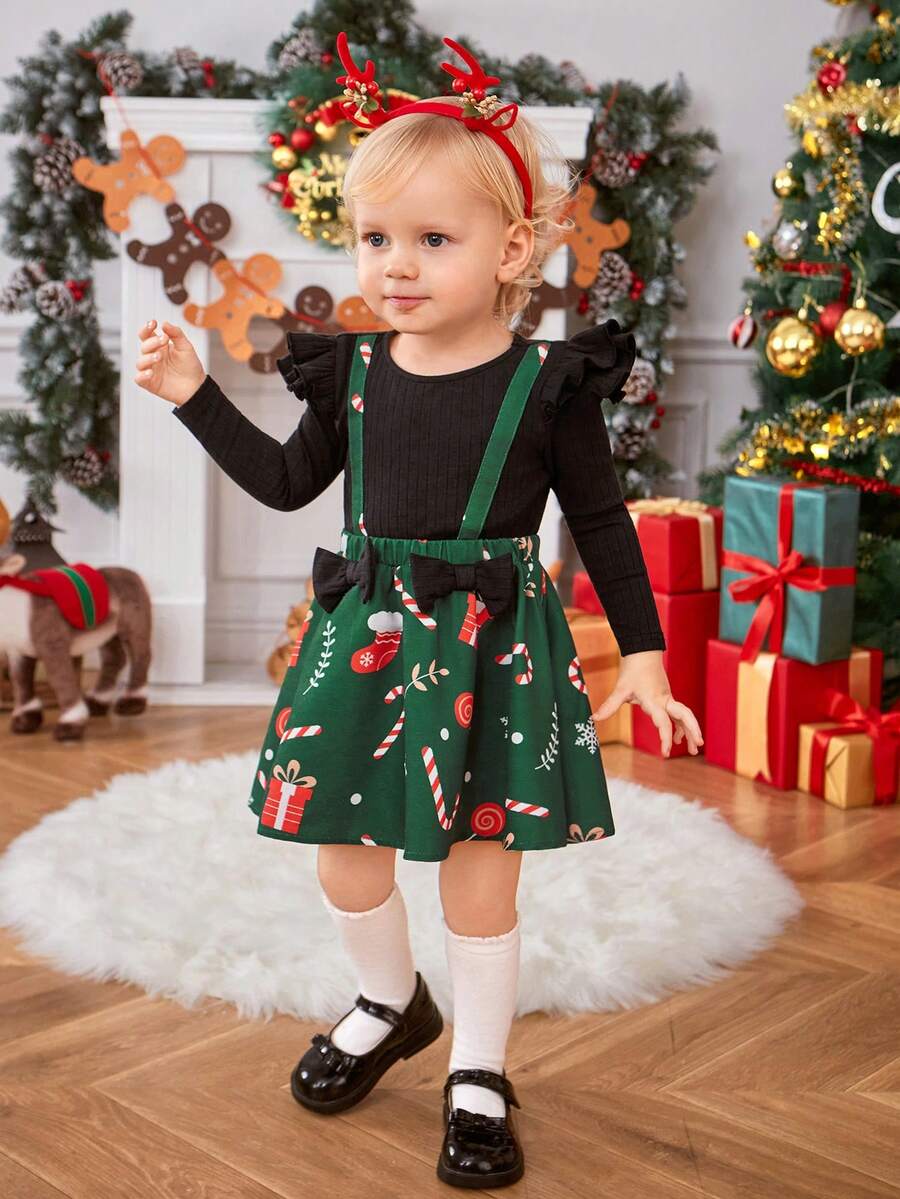 SHEIN Baby Girl Christmas Print Ruffle Trim Bow Front 2 In 1 Dress - Green - View 1