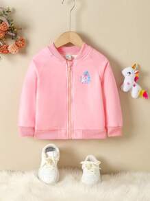 Baby Girl Cartoon Graphic Raglan Sleeve Zip Up Bomber Jacket - Pink - View 1