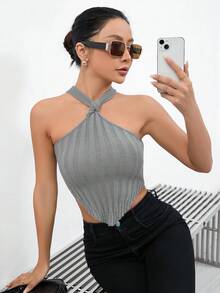 SHEIN EZwear 實心不對稱下擺領帶針織上衣，派對時尚上衣 - 淺灰色 - 查看 6