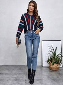SHEIN LUNE Jersey de punto calado con estampado de rayas para otoño e invierno - azul real - Ver 6