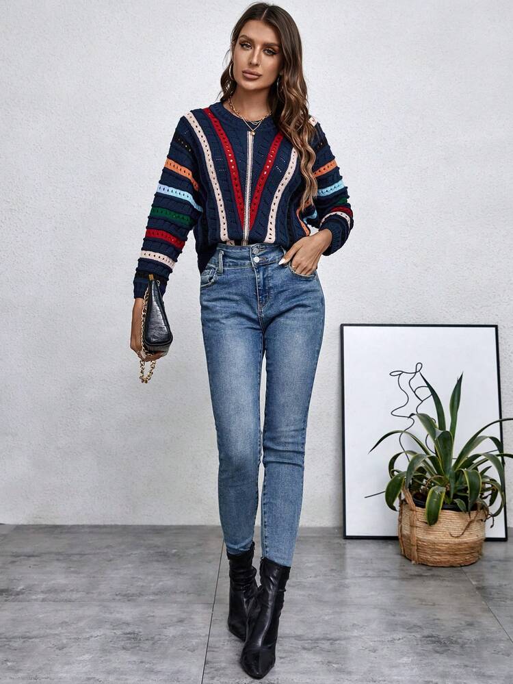 Striped Pattern Pointelle Knit Pullover Fall Winter Sweater