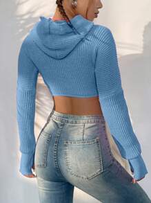 Flirla 素色條紋針織短款連帽套頭毛衣