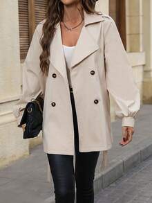 SHEIN Privé Đôi ngực Thắt lưng Áo khoác Trench - Màu be - Xem 5