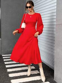 SHEIN Privé 素色燈籠袖A字洋裝 - 紅色 - 查看 1