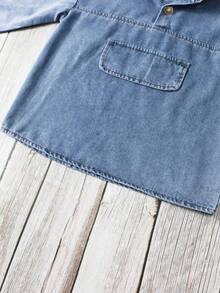 Tween Boy Flap Detail Half Button Hooded Denim Top - Medium Wash - View 3