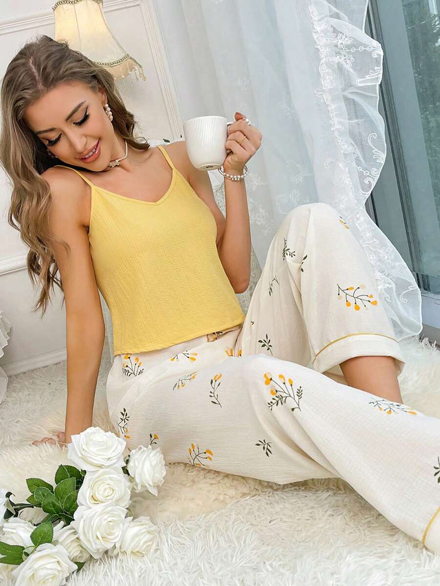 CottageSlumber Floral Print Cami Top & Pants PJ Set / Pajama Set Holiday Season Bountiful Floral Splendor Cozy And Elegant Details - Yellow - View 1