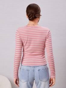 SHEIN Teen Girl Casual Phong cách đại học Ruched cổ tròn sọc & áo thun dài tay in - Hồng - Xem 2