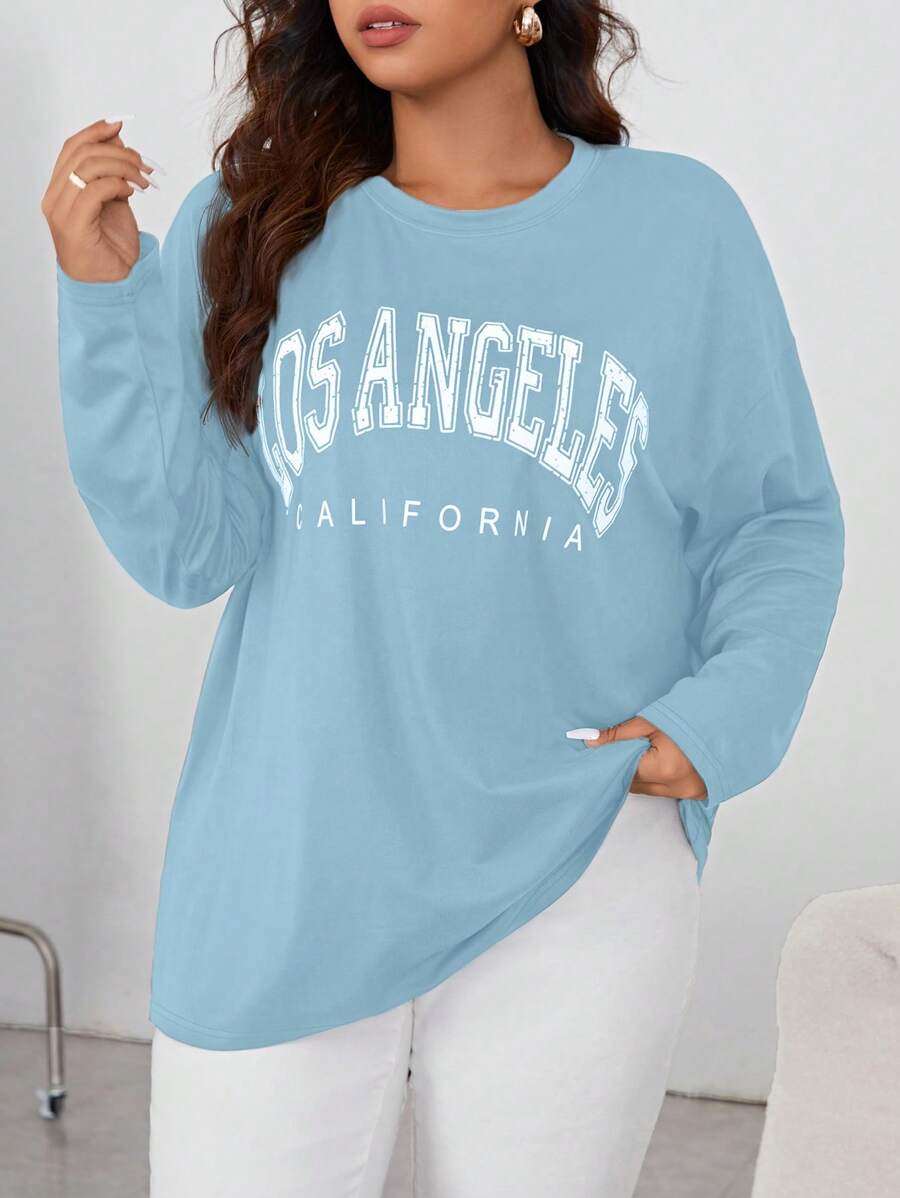 SHEIN Essnce Talla grande Camiseta de hombros caídos con estampado de letra