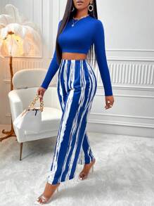 Zolique 素色短款T恤和筆刷圖案闊腿褲 - 藍色 - 查看 6