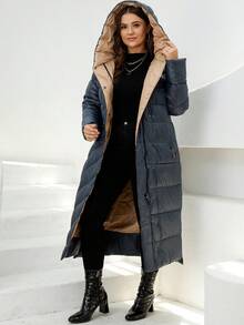 HaiLuoZi Plus Zip Pocket Hooded Padded Coat - Navy Blue - View 6