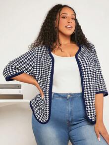 SHEIN CURVE+ Plus Houndstooth Print Contrast Binding Jacket - Navy Blue - View 6