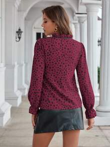 SHEIN Clasi In ấn Cà vạt tay áo lá sen Lá sen tỉa Cà vạt Áo sơ mi - Màu Hồng Tươi - Xem 2