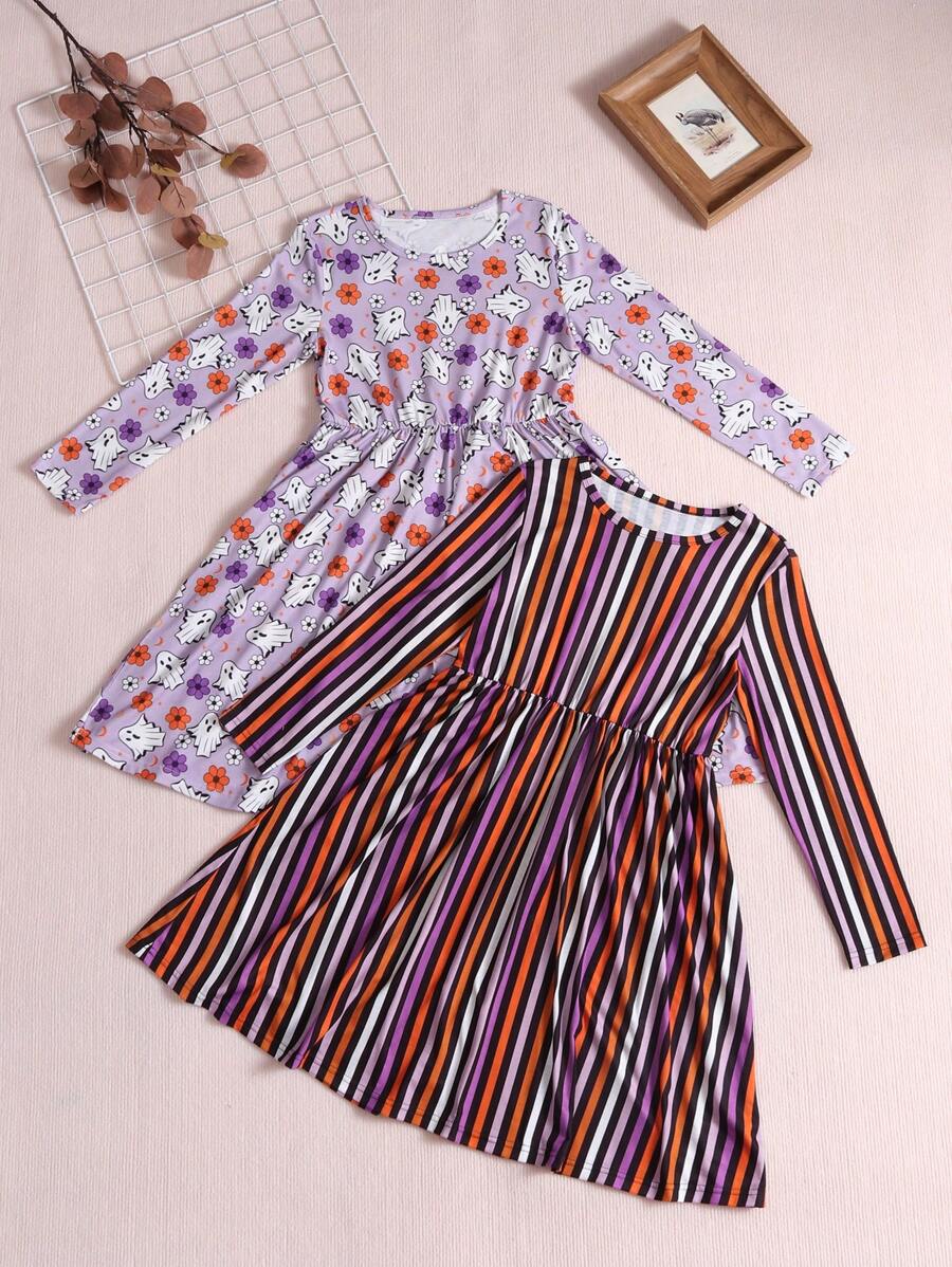 SHEIN 女大童2入組條紋圖案&印花洋裝 - 彩色 - 查看 1