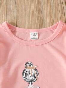 SHEIN 女孩人像圖案T恤 - 粉色 - 查看 3