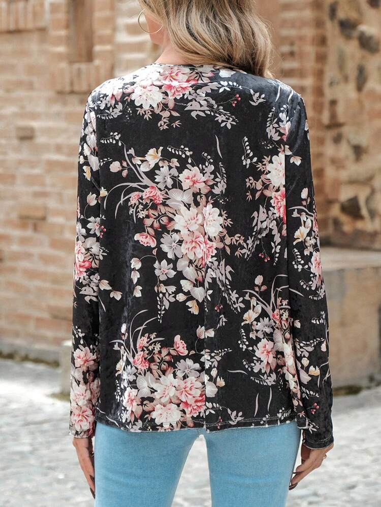 1pc Floral Print Open Front Coat