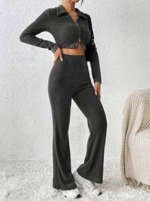 SHEIN PETITE Đồ đan Ribbed Áo phông Crop & Quần ống loe - Màu xám đen - Xem 4