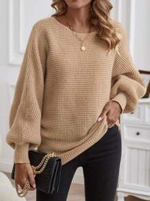 SHEIN LUNE 船领蝙蝠袖罗纹针织套头衫秋冬毛衣 - 卡其色 - 查看 6