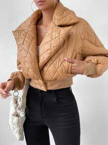 Chiquease Lapel Neck Crop Quilted Padded Coat Clothes Winter - Brown - View 4