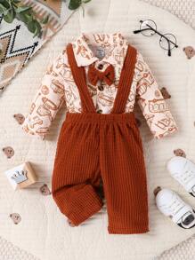 Baby Boy Cartoon Graphic Bow Front Bodysuit & Suspender Pants - Coffee Brown - View 3