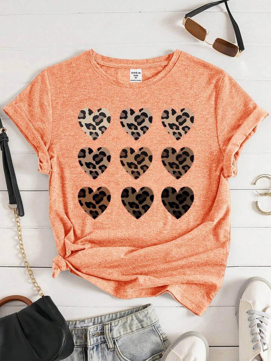 SHEIN Young Girl Leopard & Heart Print Tee - Orange - View 1