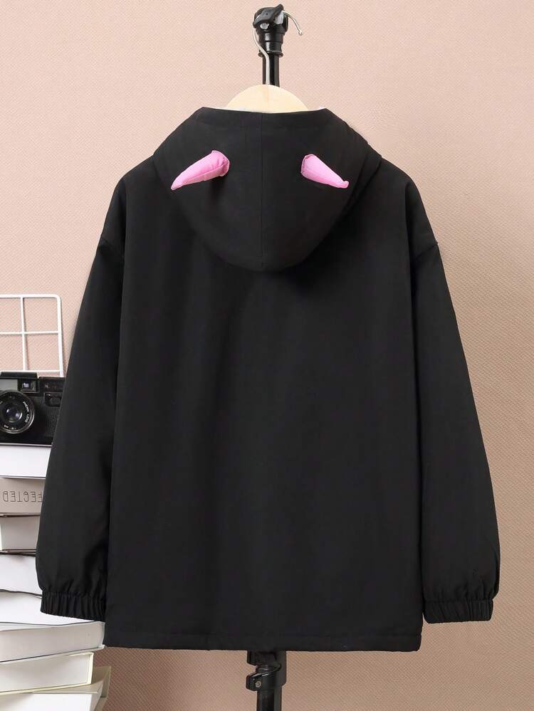 Tween Boy Slogan Graphic 3D Ear Design Plush Lined Hooded Coat Without Tee