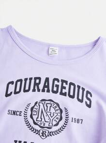 SHEIN Chica adolescente Camiseta con estampado de letra y cordón lateral - Púrpura malva - Ver 5