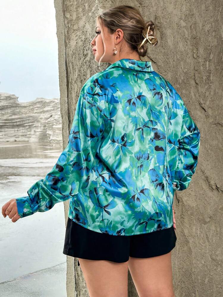Plus Allover Floral Print Shirt & Asymmetrical Hem Skort