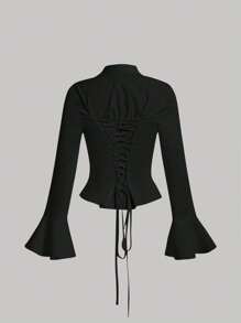 SHEIN MOD Solid Ruched Button Front Flounce Sleeve Shirt,Long Sleeve Tops - Black - View 2