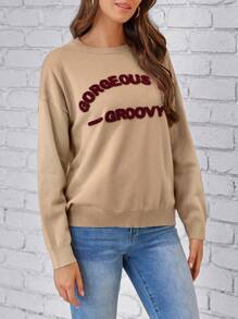 EMERY ROSE Pullover mit Buchstabe Muster, Drop Shoulder - Khaki - Übersicht 3