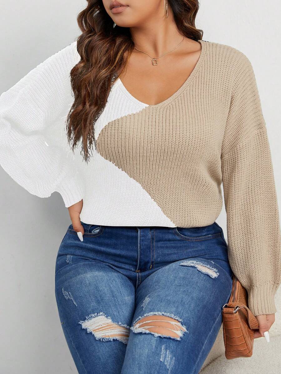 Celure Plus Two Tone Drop Shoulder Sweater - White - View 1