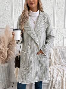SHEIN LUNE Chevron Pattern Lapel Neck Double Breasted Dual Pocket Coat - Grey - View 3