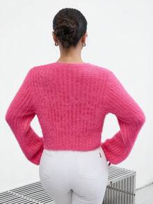 SHEIN Privé Keyhole Neckline Fluffy Knit Crop Sweater - Hot Pink - View 2