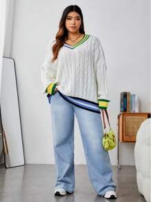 SHEIN EZwear 大碼條紋飾邊落肩袖板球毛衣 - 白色 - 查看 3