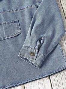 Tween Boy Flap Detail Half Button Hooded Denim Top - Medium Wash - View 4