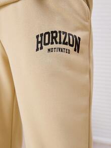 SHEIN 青少年女孩標語圖案落肩袖連帽衫和運動褲 - 卡其色 - 查看 5