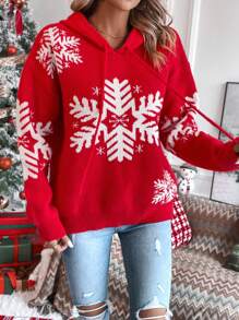 SHEIN LUNE 雪花圖案落肩袖抽繩連帽套頭毛衣 - 紅色 - 查看 3