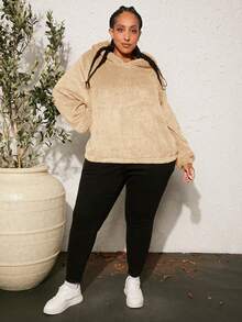 SHEIN CURVE+ Plus 3D Ear Design Drop Shoulder Teddy Hoodie - Apricot - View 3