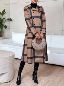 SHEIN Privé Plaid Print Lapel Neck Double Breasted Belted Coat - Brown - View 6