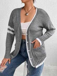 Calvaya Plus Striped Pattern Dual Pocket Drop Shoulder Cardigan - Grey - View 1