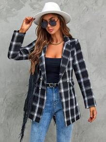 SHEIN LUNE 格紋印花雙排釦花呢外套不附腰帶 - 黑色 - 查看 4