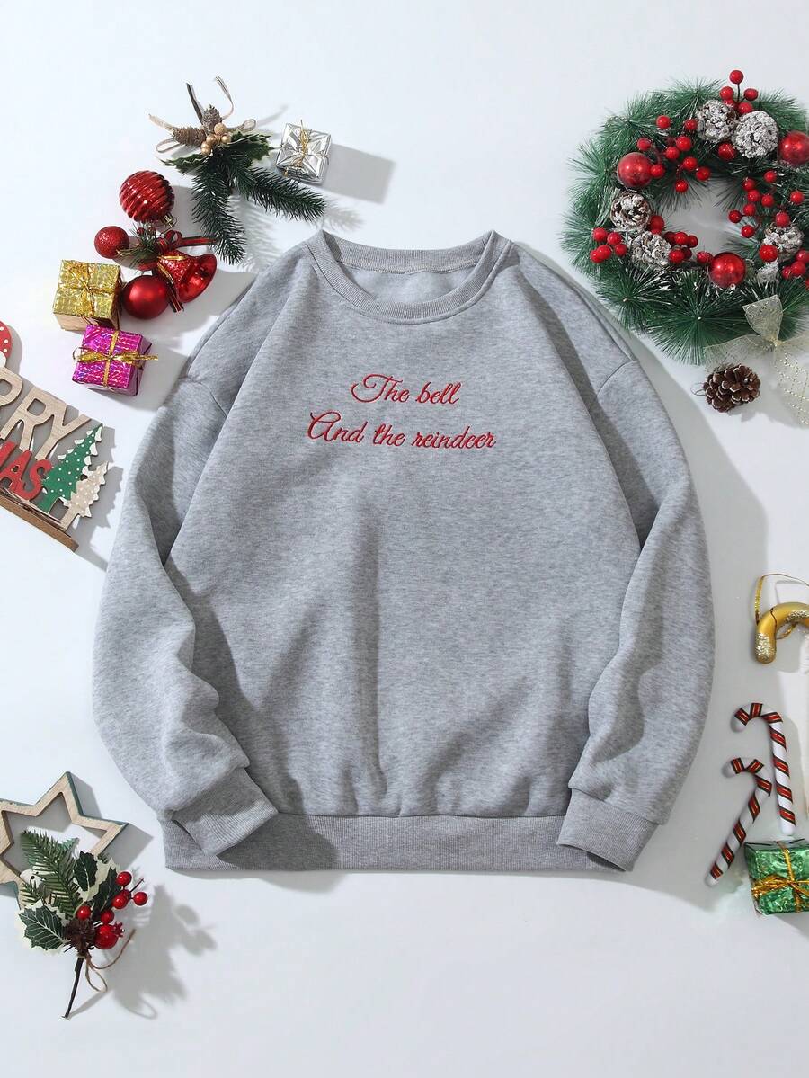 SHEIN Unity 字母刺繡加絨內裏運動衫 - 灰色 - 查看 1