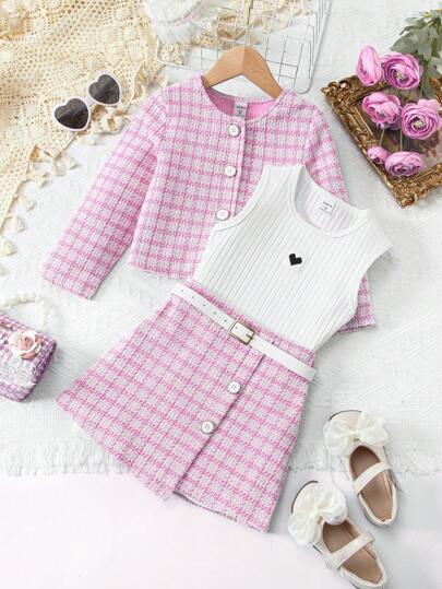 Elladie kids 小女孩格子印花夹克 & 系腰带裙 & 背心 格子小女孩套装 儿童连衣裙套装