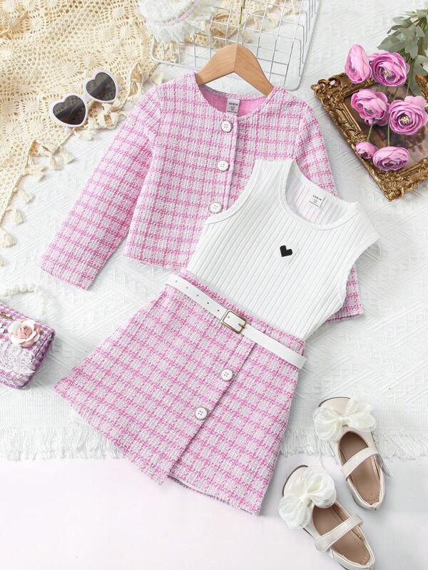 SHEIN Young Girl Plaid Print Jacket & Belted Skirt & Tank Top Plaid Young Girls Setskids Dress Set