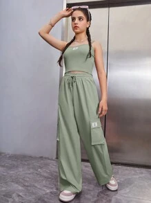 SHEIN Leap Crew 青少年女孩字母貼布背心上衣和側翻蓋口袋腰部抽繩長褲 - 薄荷綠 - 查看 5