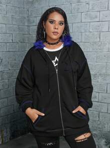 ROMWE PUNK Áo nỉ cỡ lớn có khóa kéo, viền lông mềm mại, dây rút - màu đen - Xem 6