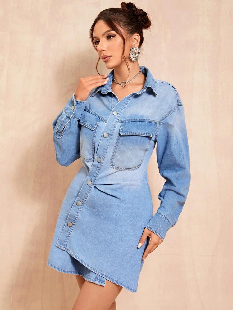 Flap Pocket Button Front Denim Dress