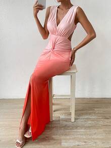 SHEIN VCAY Ombre Twist Front Split Thigh Plunging Neck Twist Front Dress - Orange - View 5