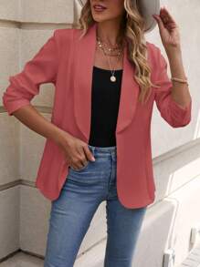 SHEIN LUNE Shawl Collar Open Front Blazer - Rusty Rose - View 3