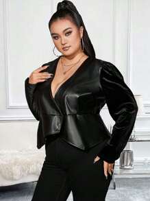 SHEIN Unity 大碼素色PU皮革夾克 - 黑色 - 查看 6